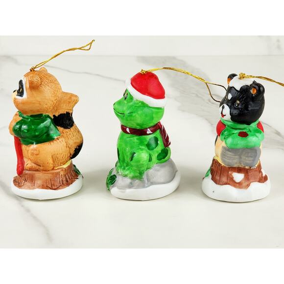 Christmas Bell Ornament Frog Racoon Skunk 3 1/4" Ceramic 1987 Taiwan x3 Holidays - Picture 6 of 15
